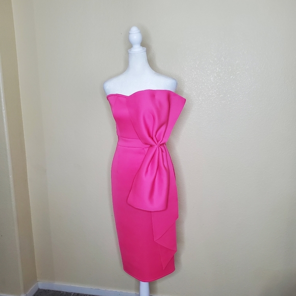 No Brand Strapless Hot Pink Midi Cocktail Dress with Bow, XS - Picture 2 of 10